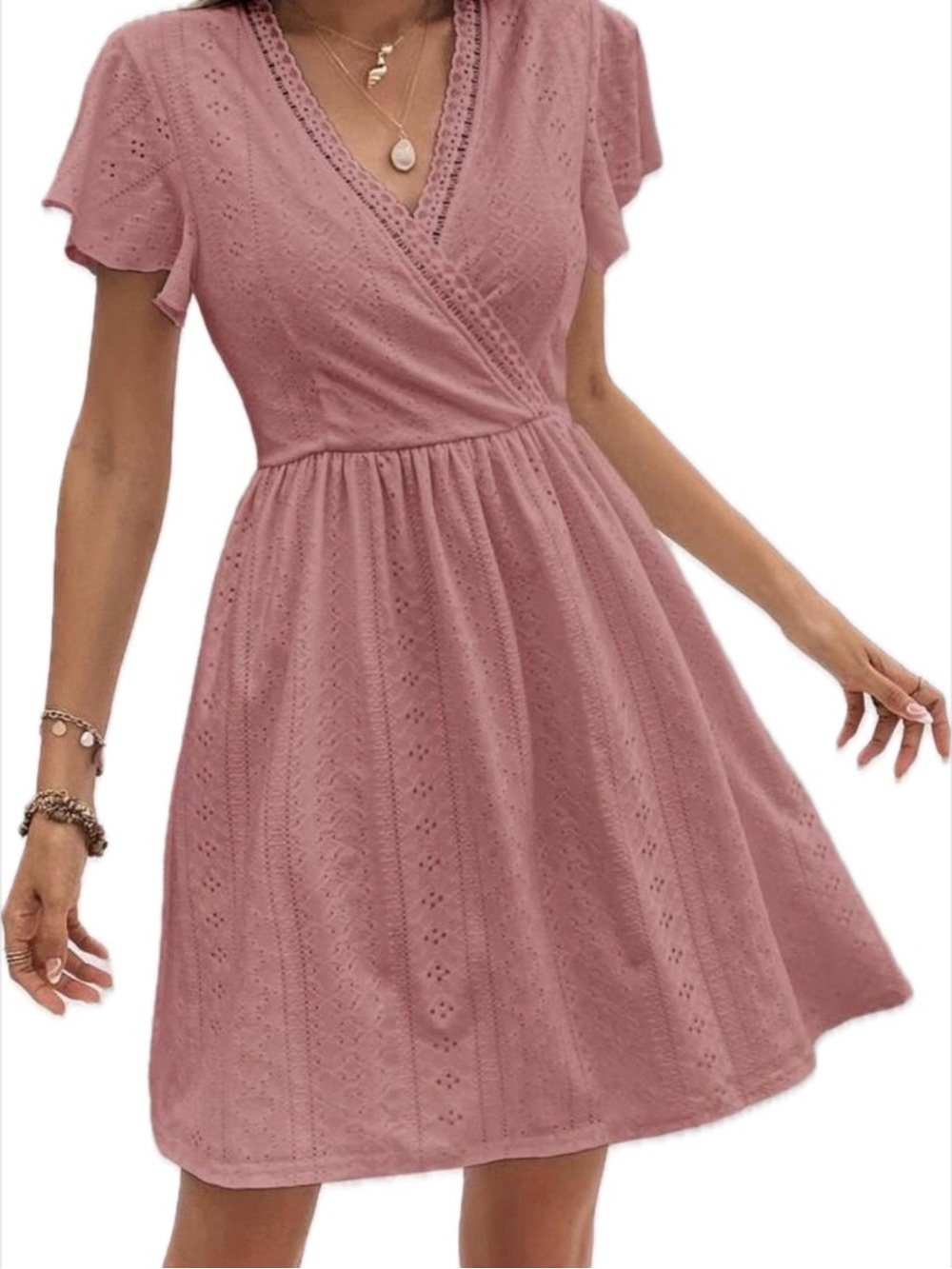 Eyelet Wrap Dress in Dusty Pink